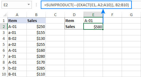 Công thức Sum If phân biệt chữ hoa chữ thường trong Excel