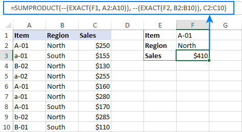 SUMIFS phân biệt chữ hoa chữ thường trong Excel 
